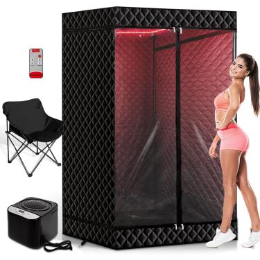 Imagem de PEEKO Caixa de sauna de luz vermelha para relaxamento, desintoxicação, sauna a vapor portátil para casa com vaporizador GG, 16 níveis, 190,5 x 101,6 cm x 101,6 cm, portas duplas, cadeira dobrável