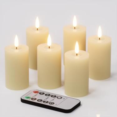 Imagem de KunSwenn Velas sem chama com temporizador remoto, 6 peças de velas votivas de cera real operadas por bateria com chama 3D, velas cintilantes para decorações de casa de Natal (marfim, 11,4 cm x 4,8 cm)