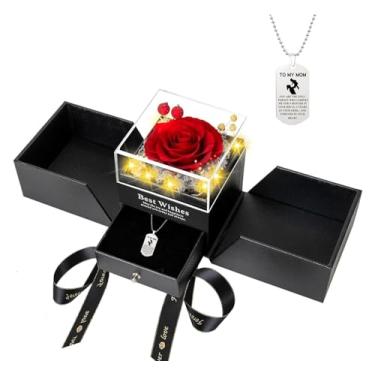Imagem de Rosa vermelha preservada com colar, flores eternas rosas presentes para mãe, avó, esposa ou namorada no Dia das Mães, Dia dos Namorados, Natal, aniversário romântico (Vermelho-3)