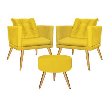 Imagem de Kit 02 Poltrona Com Almofada Solta E Puff Kim Luxo Confort Pé Carvalho Sala Amarelo - Amey Decor