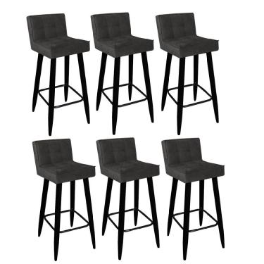 Imagem de Kit 06 Banqueta Alta Lucy Com Encosto Cozinha Bar Pé Palito Preto Corino Cinza - Amey Decor