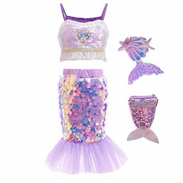 Imagem de Iceluxiiis 4 peças de vestido de princesa sereia para meninas de 3 a 11 anos, fantasia de cauda de sereia com bolsa, presente de aniversário de Natal infantil