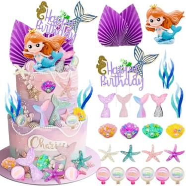 Imagem de Lukinuo Mermaid Cake Toppers 24pcs Little Mermaid Figurine Under the Sea Cake Topper Seaweed Palm Leaves Bubble Starfish Shell Mermaid Tail Cake Decorations for Mermaid Theme Princess Birthday Party