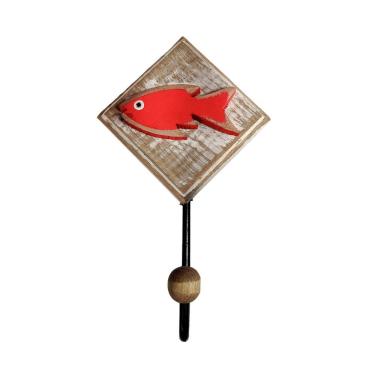Imagem de Cabideiro Rústico Ferro E Madeira Peixes Cor Vermelho