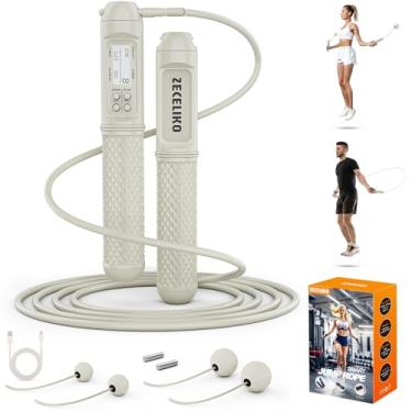 Imagem de ZECELIKO Corda de pular inteligente com visor LED e contador de saltos, design sem fio ponderado para academia em casa e HIIT, fio de aço ajustável para fitness, trilhas, saltos, calorias e tempo