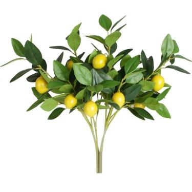 Imagem de Folhas artificiais de limão com limão, 4 peças de plantas de plástico sintético vegetal para jardim, pátio, plantador, caminho, varanda, janela, decoração
