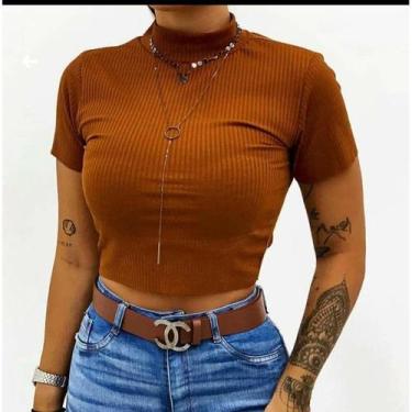 Imagem de Cropped gola alta manga curta basico malha canelada mulher - Filó Moda
