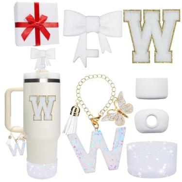 Imagem de Miglaja Acessórios rosa para copo Stanley 850 g 1,134 g, todos os acessórios caixa de presente contêm topo de palha de flor, bota de silicone, adesivos de letras e pingentes, conjunto de tampa de