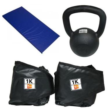 Imagem de Kit Colchonete Azul + Par de Caneleira 1Kg + kettlebell Pintado 18kg -