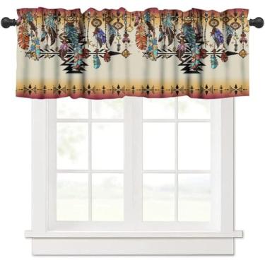 Imagem de Cortinas de sanefa nativa asteca para cozinha, estampa geométrica boho tribal nativa do sudoeste, tratamentos de janela pequena para cozinha, sala de estar, café, decoração de varão, saquinhos vintage