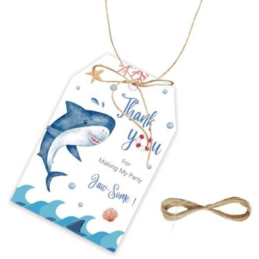Imagem de 50 etiquetas Shark Thank You, etiqueta de presente de tubarão com cordão para festa de aniversário de meninos, etiquetas de papel de agradecimento sob o mar para lembrancinhas de festa de chá de bebê