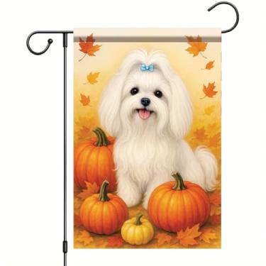 Imagem de Starlit Patio Bandeira de jardim de outono de Ação de Graças Bandeira de cachorro maltês 30,5 x 45,7 cm Filhote de cachorro fofo dupla face com folha de abóbora banner outono decoração ao ar livre
