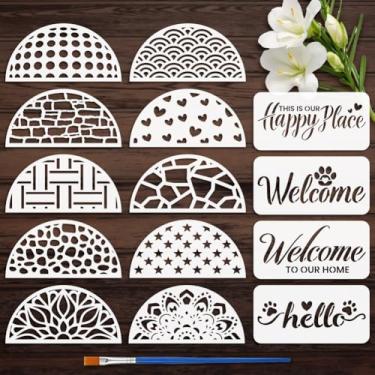 Imagem de FINGERINSPIRE 14 peças de estêncil de pintura de cabide de porta com pincel 30 x 15 cm Bem-vindo à nossa casa modelo de desenho Hello Texturas de pedra corações estrelas mandala estêncil para pintura