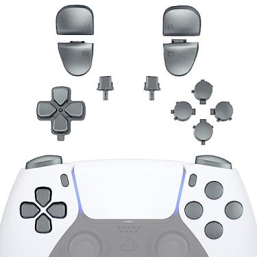 Imagem de eXtremeRate Botões de substituição D-pad R1 L1 R2 L2 Opções de compartilhamento de botões de rosto para controle PS5, conjunto completo de botões cinza metálico com ferramentas para controle Playstation 5