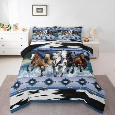 Imagem de Feelyou Conjunto de cama king size com cavalo galopando, caubói ocidental, geométrico, sudoeste, para decoração de quarto, animais fofos, conjunto de edredom com 2 fronhas