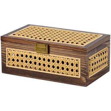 Imagem de VinneGenzz Caixas de armazenamento de vime cestas decorativas de madeira natural feitas à mão com tampa moldura de madeira boho rústica caixa de vime empilhável caixotes de cana de tecido prateleira