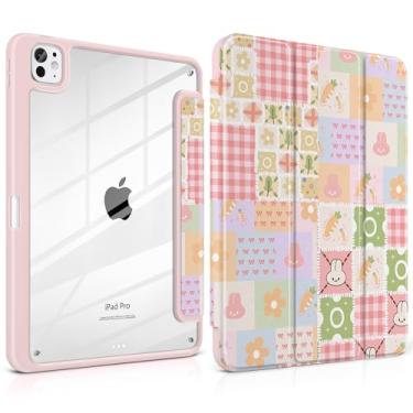 Imagem de Loyrina Capa para iPad Pro de 13 polegadas (M4) versão 2024, fina, leve, fofa, rosa claro com suporte de lápis com borda de TPU transparente, suporte de três dobras, coelhinho fofo
