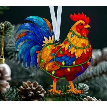 Imagem de KiKi9xDesigns Enfeite temático de galo - Galinha com luzes de Natal - Animal de fazenda - Decoração de Natal 2025 - Ornamento acrílico para pendurar na árvore
