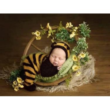 Imagem de Lgvhydh Acessórios para fotografia de bebês recém-nascidos de Halloween, roupas de sessão de fotos para meninos e meninas, crochê, conjuntos de abelha fofos, fantasia de Natal (amarelo)