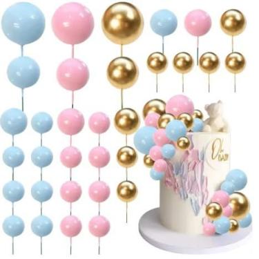 Imagem de HQKJGSYX 32 peças de topo de bolo colorido em forma de bola de feliz aniversário, bolas de espuma, enfeite de bolo de cupcake para chá de bebê, festa de aniversário, aniversário, decoração de