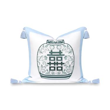 Imagem de Hofdeco Premium Capa de almofada Coastal Grandmillennial Patio para ambientes internos e externos, 50,8 cm x 50,8 cm, repelente de água para quintal, sofá, beira da piscina, vaso chinês azul bebê