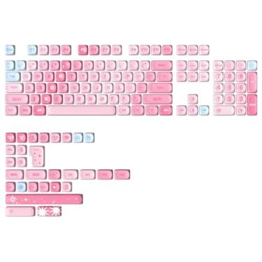Imagem de YUNZII Teclas MOA de 140 teclas, conjunto de teclas personalizadas PBT de sublimação de tinta para perfil MOA, teclado fofo arco-íris doce para teclado mecânico de jogos MX Switches (rosa)