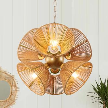 Imagem de WYYSDWNE Lustre de vime de 6 luzes, luminária pendente Boho de 45 cm, luminária de vime tecida à mão para sala de jantar, lustres rústicos para pendurar na ilha da cozinha