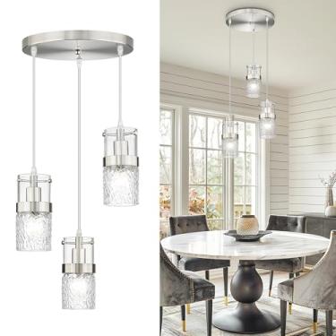 Imagem de LMS Luminária pendente de aglomerado de níquel escovado de 3 luzes, luminária moderna para sala de jantar com vidro martelado, lustre suspenso para sala de jantar, ilha de cozinha, quarto, LMS-198