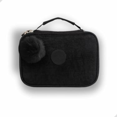 Imagem de Estojo Escolar Grande de Nylon 23x15x6 cm com 24 Elásticos e Pompom, Várias Cores (Preto)