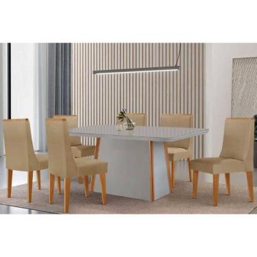 Imagem de Conjunto Sala de Jantar Tilia c/ Tampo Madeirado c/ Vidro Canto Curvo 180x90cm e 6 Cadeiras Dakota Madeira Maciça Naturale/Off White - Capuccino/Linho