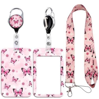 Imagem de Cordão rosa fofo com suporte de identidade, capa de crachá de borboleta monarca e clipe retrátil para carretel de crachá, cordão de pescoço com fecho de lagosta para mulheres professoras meninas