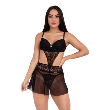 Imagem de Body IMI Lingerie Com Bojo E Saia Renda Tule Calcinha Fio Luxo Hari Pr