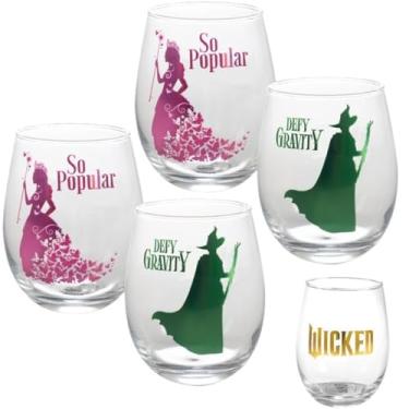Imagem de Conjunto de 4 taças de vinho Wicked Stemless, 510 g, oficialmente licenciado, presente de teatro da Broadway para fãs de peças musicais e filmes - Glinda Popular & Elphaba Defy Gravity Designs - Para