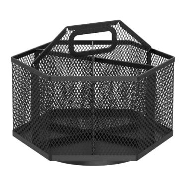 Imagem de Tcwhniev Suporte de caneta giratório de 360 graus, organizador de lápis giratório de metal hexagonal com 6 compartimentos, suporte de material de escritório, copo de caneta de malha de mesa preto