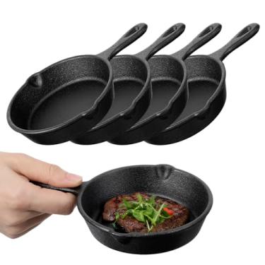 Imagem de APLZGMG Pacote com 4 frigideiras pequenas de ferro fundido, frigideiras de 10 cm com bicos duplos, frigideiras de ferro fundido antiaderentes com alça para forno, churrasqueira, fogão, fogueira