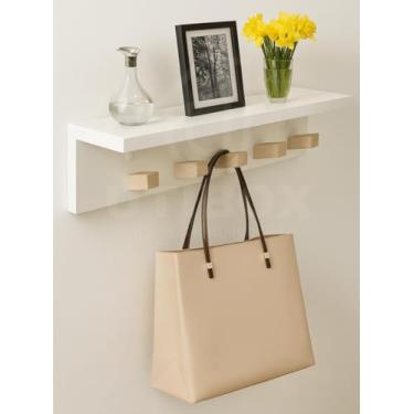 Imagem de Prateleira de Parede com 5 Ganchos em Pinus, Branca, Organizador para Entrada (branco)