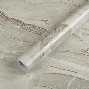 Imagem de Abyssaly Papel de contato mármore cinza e dourado, papel de parede de cozinha de granito descasque e cole bancadas, rolo de papel de mármore removível autoadesivo escuro brilhante para armários 39,9