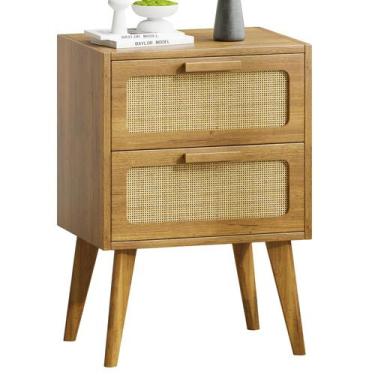Imagem de Mesa de cabeceira YAUKOMEL Rattan com 2 gavetas de madeira caramelada 