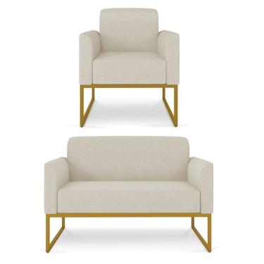 Imagem de Kit Namoradeira e 1 Poltrona Decorativa Base Industrial Dourada Maressa A19 Linho Grosso Bege - Ibiza