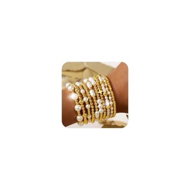 Imagem de SHINUS BOHO Conjunto de pulseiras femininas com contas folheadas a ouro 14 K, empilháveis, modernas, à prova d'água, acessórios modernos, joias, presentes, 7.0, Latão, Sem Pedra Preciosa