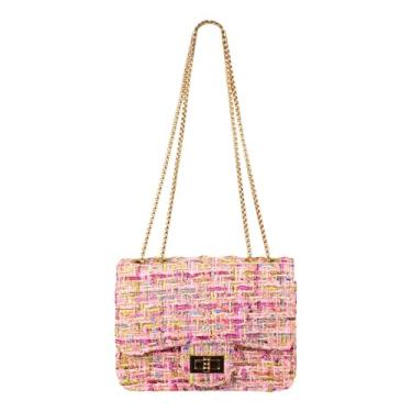 Imagem de TXMAQQ Bolsa feminina quadrada xadrez de tweed, bolsa de ombro moderna de grande capacidade, bolsa de mão com corrente cruzada, bolsa de mão, Rosa-05