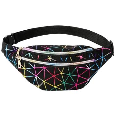 Imagem de Bicfuiot Pochete preta para mulheres dos anos 80 e 90, pochete holográfica, à prova d'água, bolsa de cintura pequena brilhante com cinto ajustável à prova d'água para festas, festivais, viagens