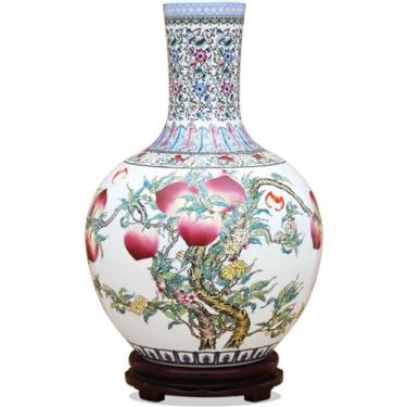 Imagem de AKALNNB Vaso de cerâmica para decoração de casa, retrô, chinês, nove pêssegos, esmaltado, azul e branco, vaso de flor de porcelana pintado em azul e branco, vasos grandes para decoração de mesa com