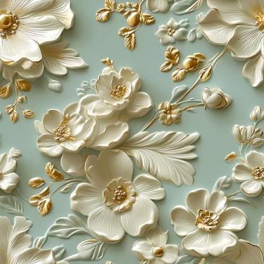 Imagem de EaseStick Papel de parede floral ciano e branco descasque e cole papel de parede floral falso 3D para armários quarto berçário 45 x 406 cm Papel de parede floral vintage pré-colado e removível