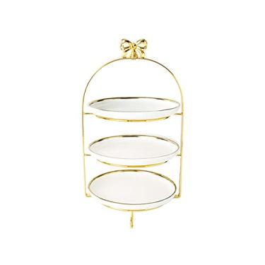 Imagem de Suporte de bolo de 3 camadas, mesa de sobremesa criativa com alça de laço, suporte de exibição de bolo de chá da tarde para chá, casamento e aniversário, suporte de cupcake