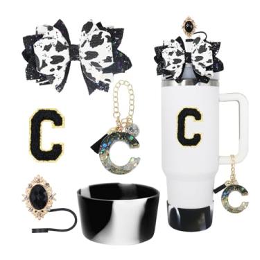 Imagem de RENUIS Conjunto de 5 peças de acessórios para copo Stanley de 30 e 1,134 g com alça, incluindo topo de palha, bota de silicone com glitter, decoração de arco de palha, pingente de letra de