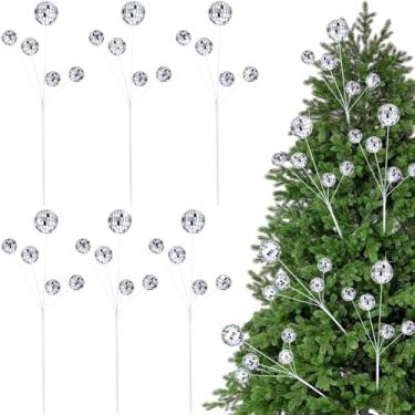 Imagem de Zeyune 6 peças, prata, palito de árvore de Natal, pequeno espelho, bola de discoteca, enfeite de árvore para decoração de festa de Natal, anos 50, 60, 70, férias, atmosfera familiar