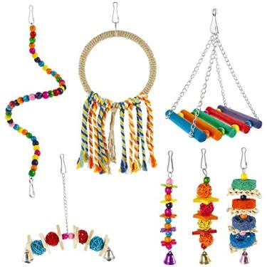 Imagem de 7 peças de brinquedo de pássaro papagaio de madeira colorido brinquedo balançando papagaio pendurado brinquedo de mastigar papagaio brincando brinquedo de treinamento para periquitos, calopsitas