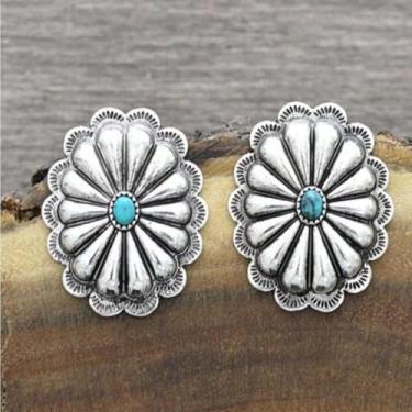 Imagem de Brincos vintage estilo boho turquesa incrustados em forma de flor para mulheres, casamento, noivas, festas noturnas, uso diário, joia leve, brinco, presente para ela, 2inch, Liga de aço, Sem pedra