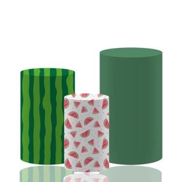 Imagem de MvoVitality Conjunto de capa de pedestal cilíndrica com tema de melancia – 3 tamanhos de decorações de festa de verão para aniversário, chá de bebê, tema de piquenique, exibição de mesa de sobremesa